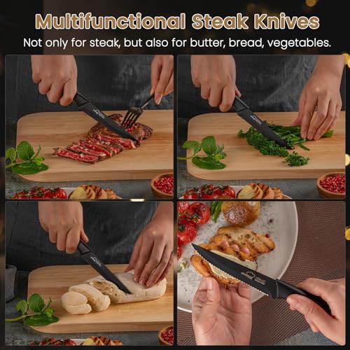 Amorston Steak Knives, Steak Knives Set of 8, Stainless Steel Steak Knife Set, Serrated Knives Dishwasher Safe, Elegant Black