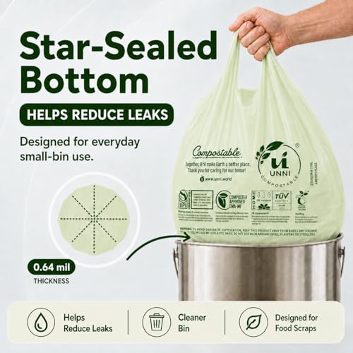 UNNI 1.6 Gallon Compostable Trash Bags with Tie Handles, 50 Count Small Food Scrap Kitchen Compost Bags for Countertop Bin, Certified by BPI, CMA & OK compost HOME, Meets ASTM D6400
