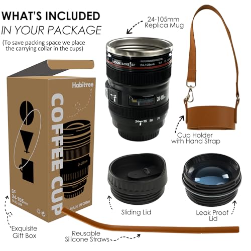Coffee Mug- Ideal for Photographers&Travelers - Day Gifts,2 Lids,Cup Holder,Silicone Straw- Stainless Steel Lens Mug Thermos-Gift for Him, Photography, Camera accessories, Novelty Gifts