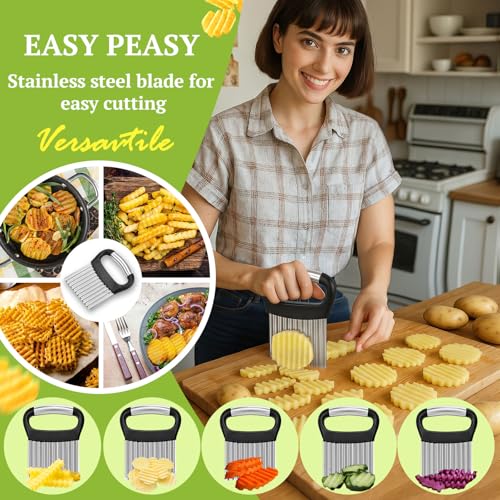 FANTEXY Crinkle Cutter for Veggies, Stainless Steel French Fry Cutter for Potatoes Cucumbers Carrot, Crinkle Cut Knife Wavy Chopper Waffle Fry Cutter, Black