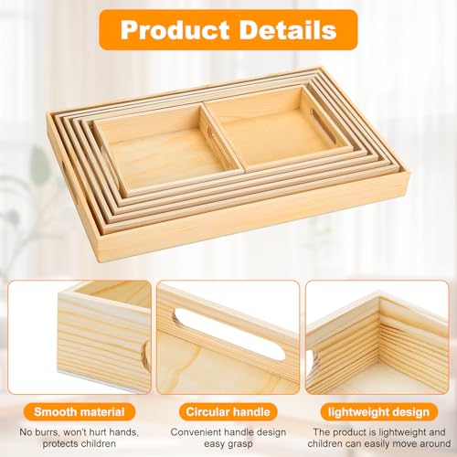 PONGJA Wooden Serving Trays with Handle - 7 Pieces Unfinished Wood Nested Breakfast Food Serving Trays for Craft Kids Montessori Snacks Home Decor Kitchen Party Dinner
