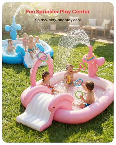 QPAU Elephant Kids Pool with Slide and Sprinkler, Inflatable Play Center with 4 Rings, 72 × 64 × 37 in, Fast Inflation Kiddie Pool for Garden & Backyard, Birthday Gift for Ages 1+ (Pink)