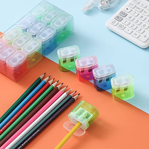 XYW 24 Pack Compact Dual-Hole Manual Pencil Sharpeners with Lid & Receptacle, Colorful Portable Handheld Sharpeners for School, Classroom, Home Office