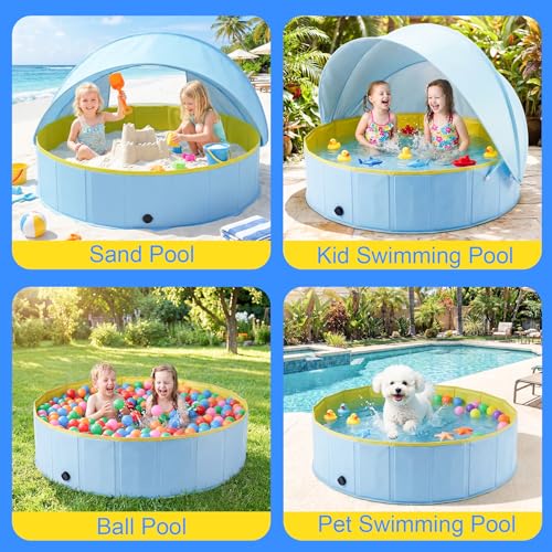 Kiddie Pool with Canopy, Large Foldable Pool with Detachable UPF 50+ Sunshade, 48in Pool Beach Essentials Tent Swimming Pool Dog Pool with Shade, Portable for Outdoor Backyard Beach