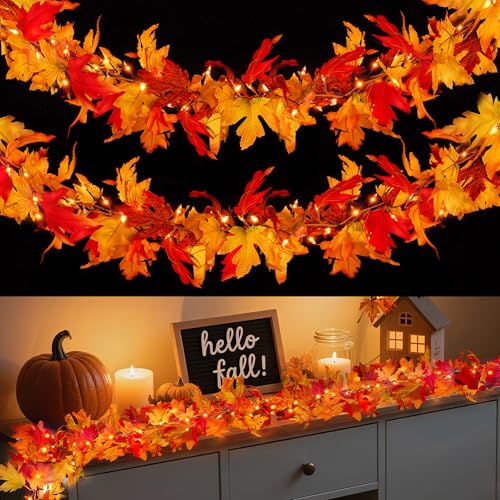 Fall Decorations for Home 9 FT Pre-lit Fall Garland with 50 LED Orange Lights, Auto Timer, 8 Lighting Modes, Waterproof Battery Operated Maple Leaf