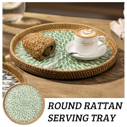 Round Rattan Tray with Mother of Pearl Inlay, Decorative Wicker Serving Tray with Wooden Base, Woven Basket Trays for Bread Fruits Coffee, Leaf