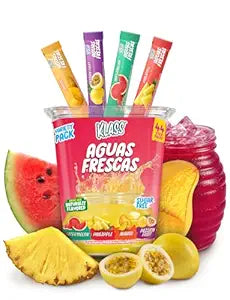 Klass Aguas Frescas, Powdered Drink Mix Variety Pack, 44 Singles Zero Sugar & Caffeine-Free Powder Packets, Water Drink Mix, Flavors: Mango, Watermelon, Pineapple & Passionfruit - 5 Calories Per Packet & Natural Flavors
