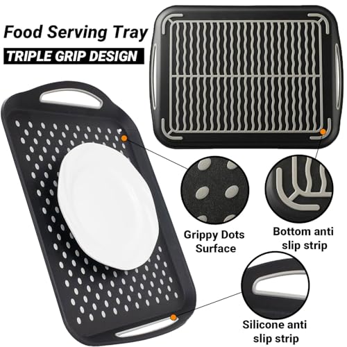 1PCS Large Non-Slip Serving Tray with Handles TV Lap Trays for Eating on Couch Food Serving Tray with Silicone Grippy Dots for Dinner Snack Fruit Dessert Breakfast (Black - 1pcs)