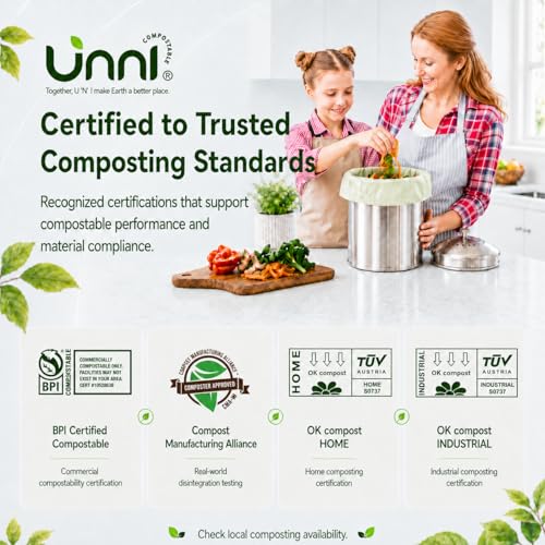 UNNI 1.6 Gallon Compostable Trash Bags with Tie Handles, 50 Count Small Food Scrap Kitchen Compost Bags for Countertop Bin, Certified by BPI, CMA & OK compost HOME, Meets ASTM D6400