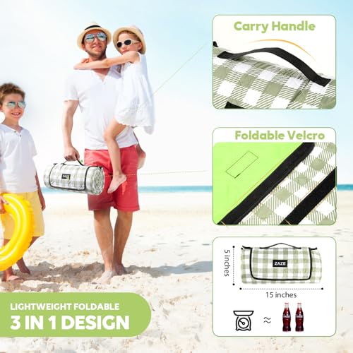 ZAZE Extra Large Picnic Outdoor Blanket, 80''x80'' Waterproof Foldable Blankets Gingham Picnic Mat for Beach, Camping Grass Lawn Park Accessories Cute Couple Gifts Ideas Wedding Registry(Green White)