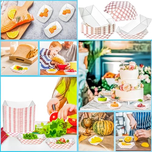 300 Pack Checkered 1/4Lb Paper Food Boat Trays Disposable Small Paper Boats Plates Containers, 0.25Lb Mini Kraft Food Serving Boat Tray Bowls for Snack Fries Dessert Popcorn Sauce Taco Nacho