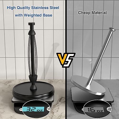 Paper Towel Holder Countertop, One-Handed Tear, Stainless Steel, Weighted Base, Black, Paper Towel Roll Holder Stand with Ratchet Mechanism for Kitchen Bathroom Farmhouse Essentials Decor Accessories