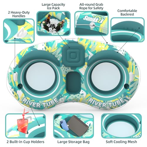 Sunikko X 5-in-1 Pool Floats Adult Heavy Duty River Tube, 2 Person Water Lounge Tanning Pool with Backrests, Built-in Cooler, Cup Holders, Deluxe Pool Toys for Summer Relaxation