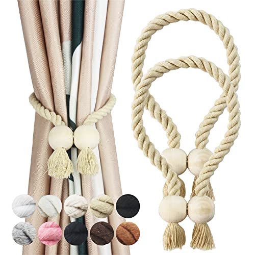2 Pack Dark Beige Magnetic Curtain Tiebacks Cotton Hand Woven Tieback Holdback Decorative Tie Backs for Drapes with Wooden Buckle No Tools Required