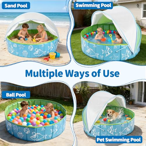 47.3"‌ Foldable Baby Pool with Canopy, Hard Plastic Pool Suitable for Kids Toddler Kiddie, Designed for Use in Backyard, Beach, Park, Blue and Green(No Sprayer)