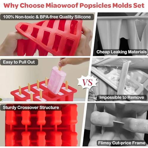 Miaowoof Homemade Popsicle Molds, 10-Cav Non-BPA Silicone Ice Pop Maker, with 50 Sticks, 50 Bags, 10 Reusable Sticks, Funnel, Brush and Ice Pop Recipe (Red)
