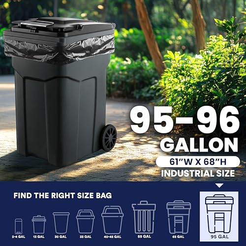 Plasticplace 95-96 Gallon Garbage Can Liners Heavy Duty 1.5 Mil Black Trash Bags Tear-Resistant Outdoor Garbage Bags for Rollaway Bins Large 61" x 68" Industrial-Strength Waste Bags (25 Count)