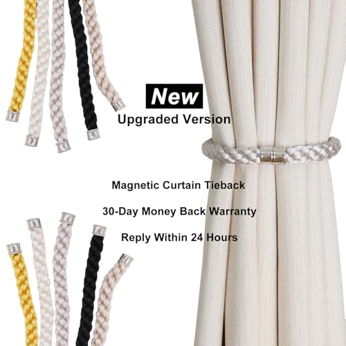 Magnetic Curtain Tiebacks, 4pcs Modern Handmade Rope Curtain Tie Backs Decorative Curtain Holdbacks Holders Cord for Window Sheer Drapes Indoor Outdoor, Beige