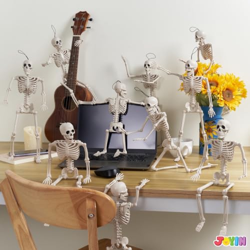 JOYIN 5 PCS Posable Halloween Skeleton Decor 16 Inches, Full Body Posable Joints Hanging Skeletons for Halloween Decorations, Graveyard Props