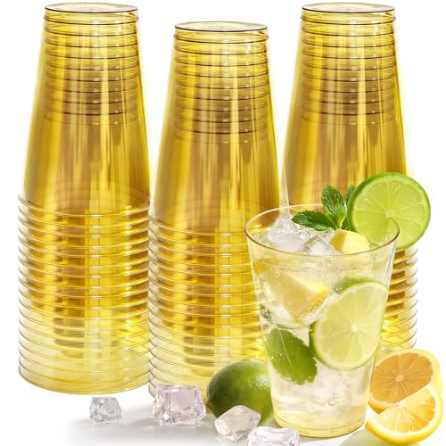 12 oz Clear Plastic Cups Disposable Gold Plastic Cocktail Glasses 50 Pack Drinking Disposable Wine Cups for Party Birthday Wedding Graduation