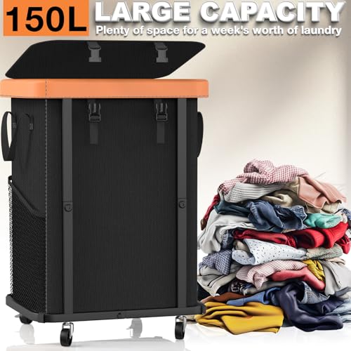 150L (40 Gal) Large Fashion Laundry Basket with Wheels, Leather Patchwork Rolling Hamper Carts, Sturdy Metal Frame, Removable Washable Bag, Tall Clothes Sorter for Bedroom, Laundry Room, Dorm - Black