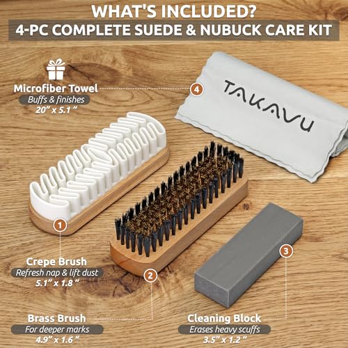 TAKAVU Premium Suede & Nubuck Cleaning Brush Kit, Crepe & Brass Bristle Brush, Microfiber Towel Cloth, Cleaning Block Eraser for Shoes, Boots