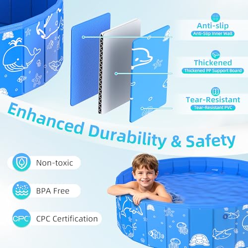 Kiddie Pool with Canopy, 48" Foldable Kids Baby Pool for Toddlers, Portable Small Swimming Pool Hard Plastic with Shade & Carry Bag for Beach Backyard Water Play