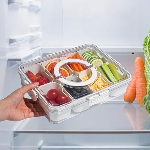 WACOI Divided Snack Serving Tray with Lid and Handle travel Snackle Box Charcuterie Container Portable Storage Organizer for Candy, Fruits, Nuts, Snacks 1Pack White
