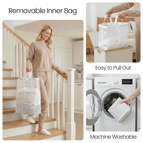efluky Slim Laundry Basket with Lid, Narrow Laundry Hamper with Removable Bag, Skinny Dirty Clothes Basket with Bamboo Handles for Bathroom, Bedroom & Laundry Room, 75L Beige