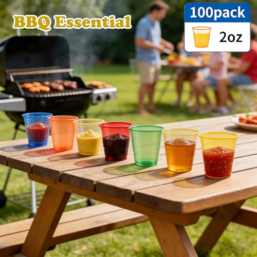100 Pack 2 oz Clear Disposable Plastic Shot glasses, Mini Disposable Shot Cups for Winter Parties, Birthdays, Weddings, BBQs, Picnics & Daily Use(Neon)