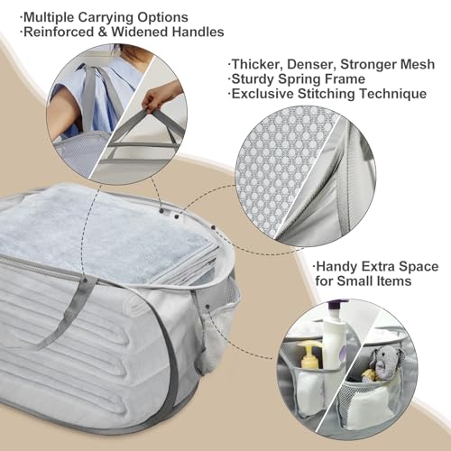 Upgraded Collapsible Laundry Baskets, Durable Pop Up Laundry Hamper, 4th Generation Mesh Laundry Bags with Reinforced Handles & Side Pocket for Laundry, Home Storage, Bathroom, Travel, Dorm