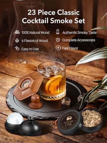 23Pcs Whiskey Smoker Kit with Torch-12 Wood Chips, Ice Ball Mold, Cocktail Smoker Infuser Kit, Old Fashioned Drink Smoker Kit, Birthday Bourbon Whiskey Gifts for Men,Dad,Him, Valentine's Day Gifts