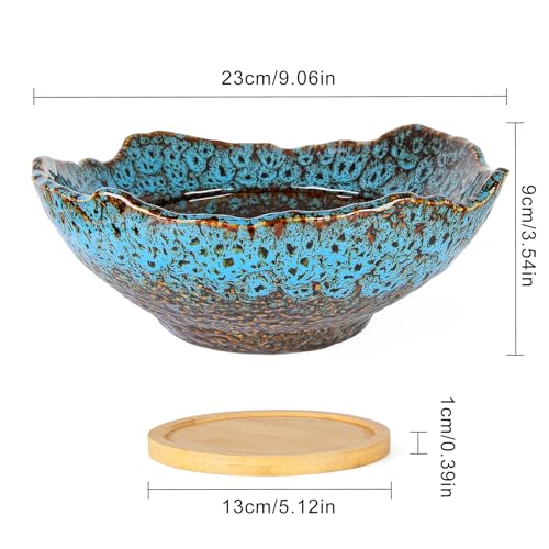 ARTKETTY Bonsai Pots - 9.06 Inch Large Plant Pots, Unique Succulent Pots with Drainage Tray, Ceramic Planters for Indoor Cactus Flower Plants Round Bonsai Tree Pots Decorative Home Office