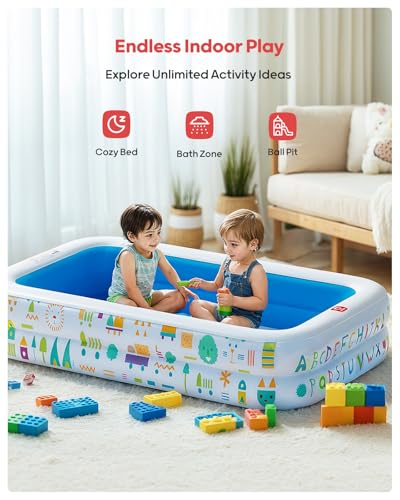 QPAU Kiddie Pool – 65" x 39" Inflatable Pool for Kids & Toddlers, Ball Pit & Baby Pool with Soft Floor, Educational Alphabet & Number, Durable Outdoor Play Toys for Backyard & Indoor Fun (Blue)