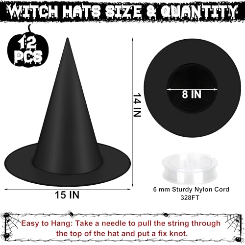 12 PCS Halloween Witch Hats, Black Hanging Witch Hats Porch Yard Decor