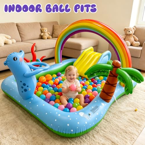 Inflatable Play Center Pool with Water Slide, 90.6 X 77.6in Rainbow Sprinkler Arch & Seal Design Kiddie Pool for Kid's Summer Backyard Splash Toy with Slide, Sprinkler & Play Area