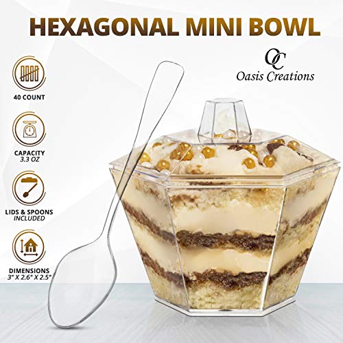 Oasis Creations Hexagonal Mini Bowl-Lids & Spoons Included- 3.3 ounce -40 Count -Clear Plastic - Six Sided - Flower Cup-Dessert Cup- Serving -Snack Bowl-Disposable or Reusable