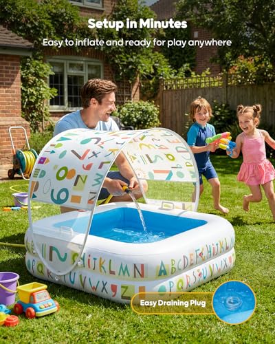 QPAU Baby Pool with Detachable Canopy for Sun Protection, 35" x 10" Portable Inflatable Kids Pool with Padded Bottom, Kiddie Pool & Ball Pit with Handles for Backyard and Indoor, Ages 1-3 (Blue)
