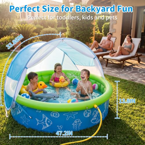 Kids Pool for Toddler, Foldable Kiddie Pool with Removable Canopy, Portable Baby Toddler Pool for Indoor Outdoor, Quick Setup No Tools, Easy Drain Non-Slip Splash Pool for Backyard & Travel (47in)