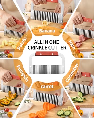 Crinkle Cutter Stainless Steel Potato Slicer Heavy Duty Wavy Crinkle Cutting Chopping Tools with Wooden Handle for Carrot Veggies