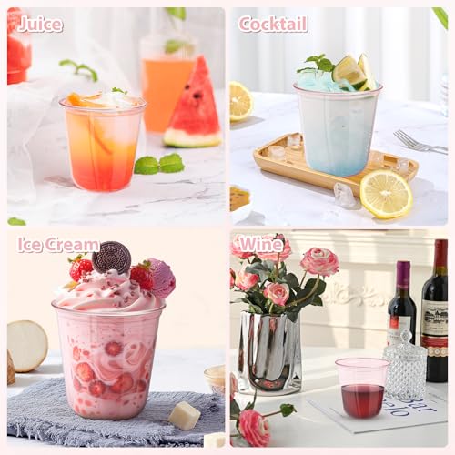 GGOLDMER 50 PCS Pink Plastic Cups - 12oz Disposable Stemless Wine Glasses, Clear Pink Cocktail Party Cups for Valentine's Day, Baby Shower, Wedding, Birthday Party