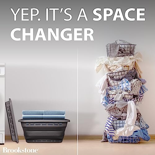 BROOKSTONE 11 GALLON XL 24" Collapsible Laundry Basket & Clothes Hamper, Comfort Non-Slip Handles, Modern Laundry Hamper with Space Saving Design, Portable Pop-Up Hamper, BPA FREE, Grey, 1 Pack