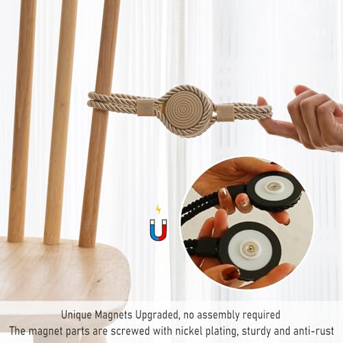 Curtain Tiebacks Magnetic Rope Curtain Tie Backs for Curtains 2 Pack Handmade Outdoor Window Curtain Holdbacks for Drapes, Beige