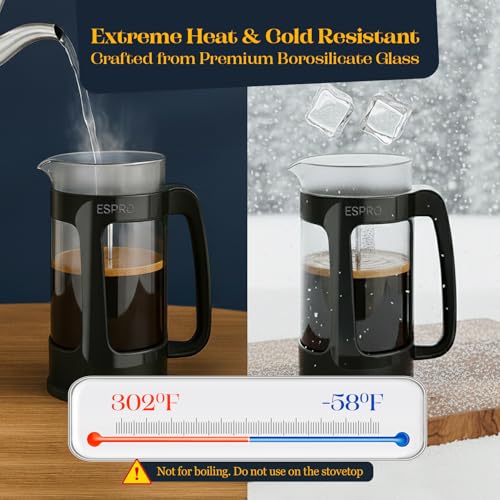 ESPRO P3 French Press Coffee Maker – Patented Double Micro-Filter for Grit-Free Brew, Heat Resistant thicker Borosilicate Glass Coffee press – (Black 32 oz)