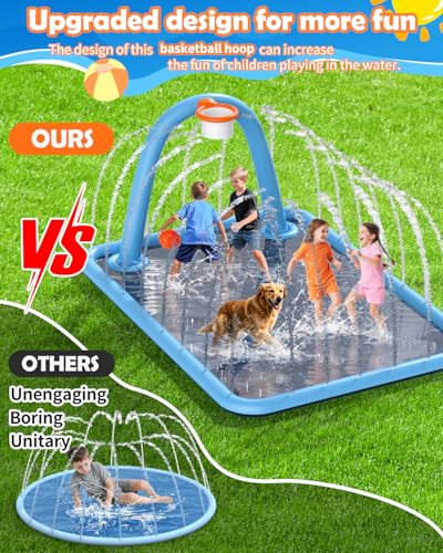 Splash Pad for Kids & Dogs, Large Sprinkler Pad Water Toys with Basketball Hoop, Thickened Non-Slip Splash Mat, Foldable Play Pool & Outdoor Summer Toys Ages 4-12 (102" Splash Pad)
