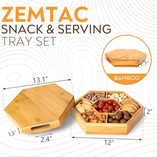 Snack and Serving Tray Set – 13" Divided Bamboo Appetizer Platter for Dry Fruit, Nuts, Cheese and Charcuterie (Bamboo, 13"x11")