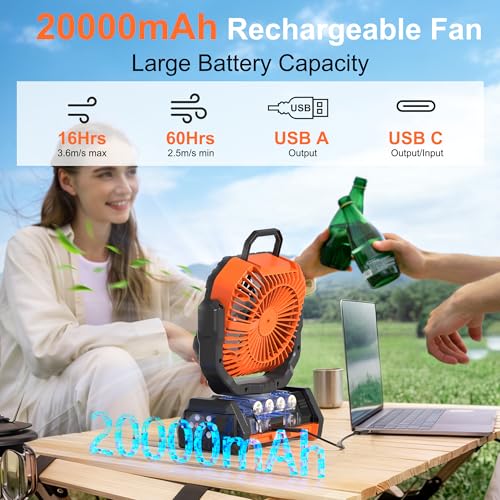 Honesorn Portable Rechargeable Fan 20000mAh, Camping Fan with LED Light & Remote, USB C Cordless Battery Powered, 4 Speeds Timer Hanging Hook for Travel Tent Outdoor Essentials - Orange