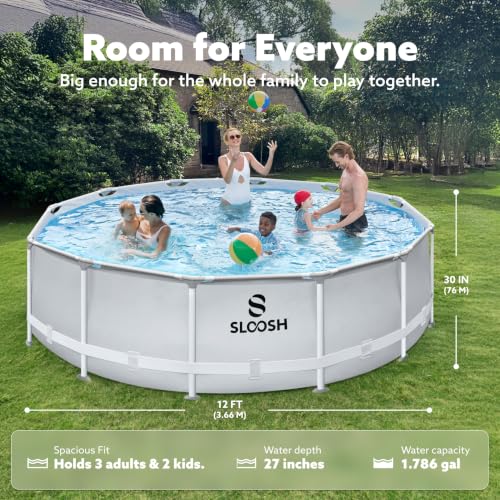 SLOOSH Round Above Ground Pool - 12ft x 30inch Outdoor Round Frame Above Ground Swimming Pool Set for Kids Adults with Filter Pump