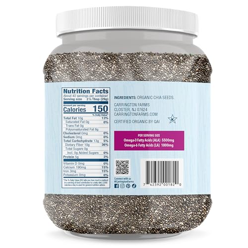 Carrington Farms Organic Chia Seeds Whole Bulk Chia Seeds, USDA Organic, Non-GMO, High Omega-3 & Fiber, Resealable 42 oz Jar for Smoothies, Oats & Meal Prep