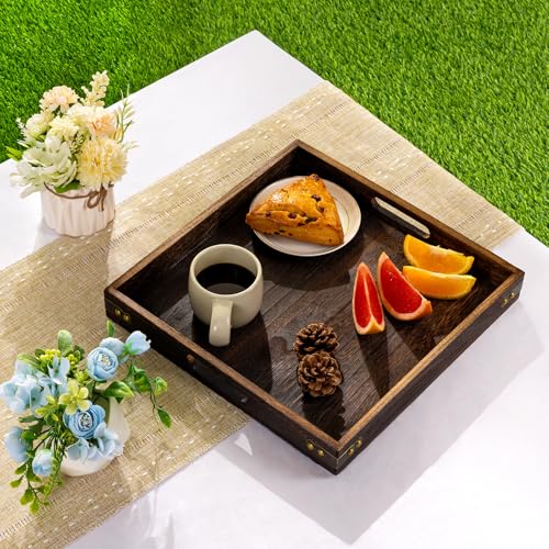 Yangbaga Serving Tray with Handles,13"*13"Wood Decorative Tray for Living Room,Modern Coffee Table Tray,Square Large Serving Platters for Home Decor,Ottoman,Bed,Kitchen,Bathroom, Breakfast,Bar